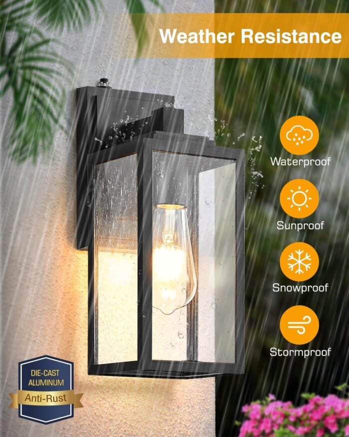 VIANIS 2 Pack Dusk to Dawn Outdoor Wall Lighting, Black Exterior Light Fixture Wall Mount for House Front Porch, Anti-Rust Aluminium Modern Outdoor Wall Lantern with Tempered Glass Shade for Garage - Image 5
