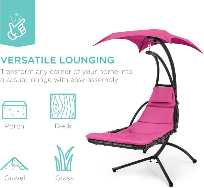 Best Choice Products Outdoor Hanging Curved Steel Chaise Lounge Chair Swing w/Built-in Pillow and Removable Canopy - Pink - Image 5