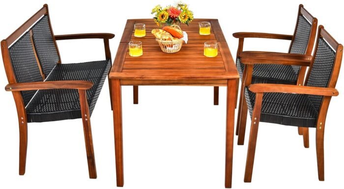 HAPPYGRILL 4 Piece Patio Dining Set Outdoor PE Rattan Space-Saving Dining Table Set with Umbrella Hole, Patio Armchairs and Acacia Wood Table Set for Garden Backyard Poolside
