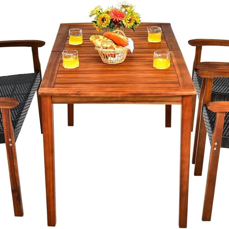 HAPPYGRILL 4 Piece Patio Dining Set Outdoor PE Rattan Space-Saving Dining Table Set with Umbrella Hole, Patio Armchairs and Acacia Wood Table Set for Garden Backyard Poolside