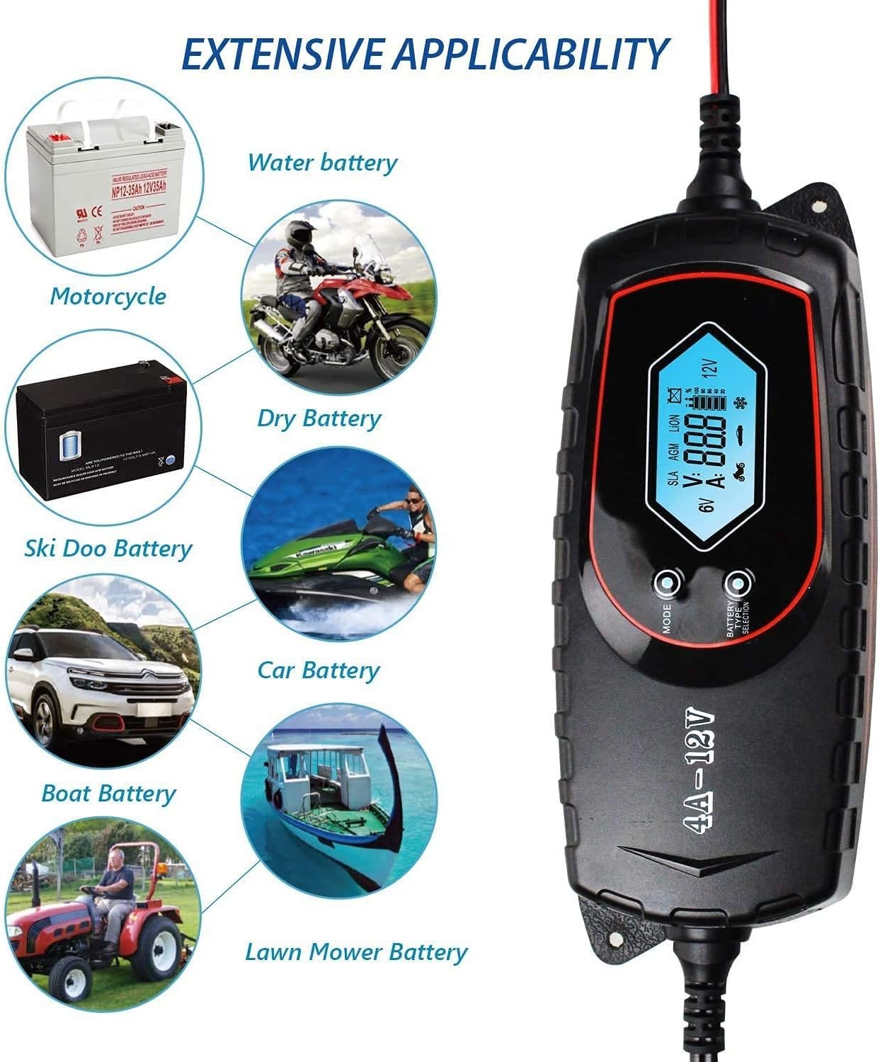 Car Battery Charger and Maintainer, 6V 12V Fully Automatic Smart Battery Charger, Trickle Charger Multipurpose Set for Trucks, Motorcycles, Lawn Mower, Boat, Scooter - Image 5