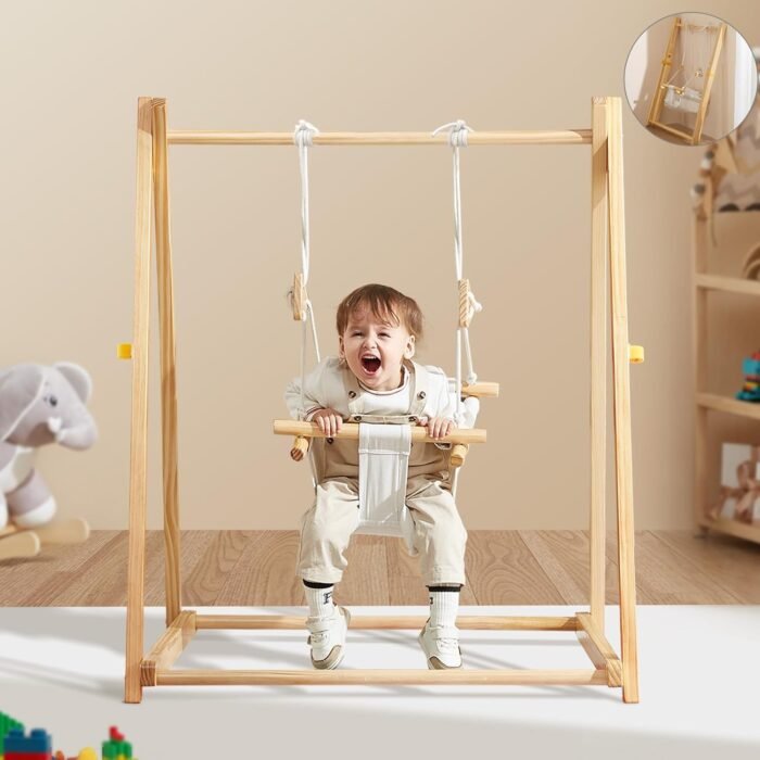 FUNLIO Foldable Wooden Swing Set for Toddlers 6-36 Months, Baby Swing Set with Durable Pine, Portable Toddler Swing with 4 Sandbags & Extension Straps, Kid Swing for Indoor/Outdoor/Backyard