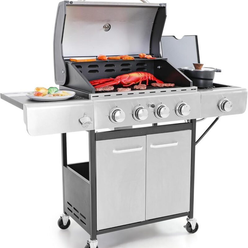 Captiva Designs 4-Burner Propane Gas BBQ Grill with Side Burner & Porcelain-Enameled Cast Iron Grates, 42,000 BTU Output Stainless Steel Grill for Outdoor Cooking Kitchen and Patio Backyard Barbecue