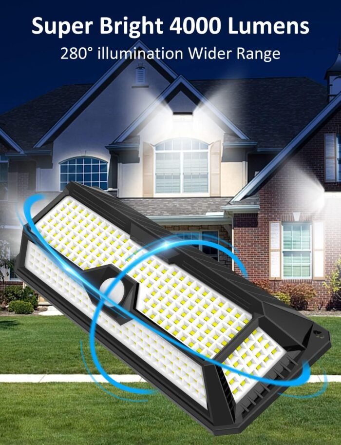 Solar Outdoor Lights - 4000Lm 268 LED Motion Sensor Lights Outdoor, IP65 Waterproof Led Security Lights Bright Solar Wireless Flood Wall Lights with 3 Optional Modes and 4 Wide Angle (2 Pack) - Image 7