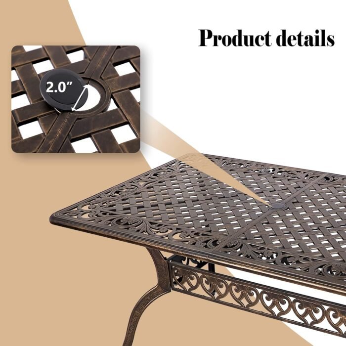 TITIMO Cast Aluminum Patio Dining Table 59'' - Outdoor Dining Rectangle Table Weather-Resistant Table with 2.0" Umbrella Hole for Balcony Lawn Garden Backyard Outdoor Furniture(59" Lx35.2 Wx 28.4" H) - Image 5
