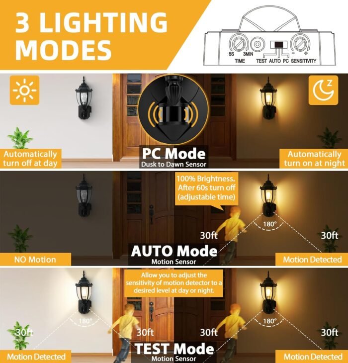 2 Pack Porch Lights with Outlet, Motion Sensor Outdoor Lights, Updated Dusk to Dawn Exterior Lighting Fixtures, Waterproof Anti-Rust Aluminum Outside Lights for House Entryway Garage, Black - Image 4