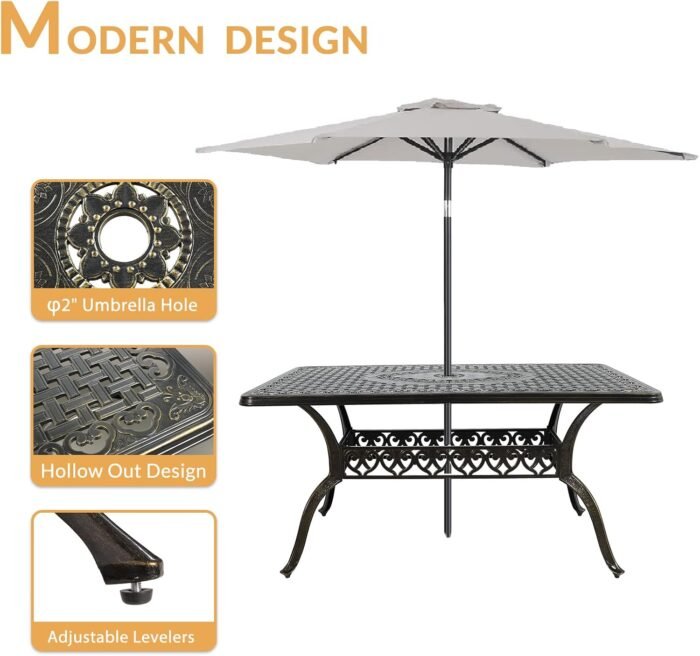 7-Piece Outdoor Patio Dining Set, 60” Rectangular Cast Aluminum Dining Table with Umbrella Hole and 6 Outdoor Dining Chairs, Patio Funiture Set for Backyard, Patio, Garden - Image 5