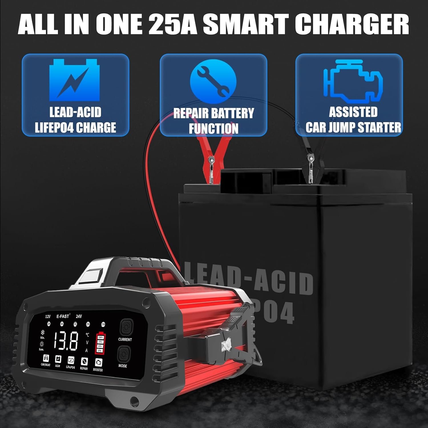 E-FAST 25A Battery Charger, 12/24V All in One Lifepo4 Lead Acid Car Battery Charger, Automotive Jump Starter, Upgraded Trickle Charger, Battery Maintainer for Car Truck Motorcycle Lawn Mower Boat - Image 2