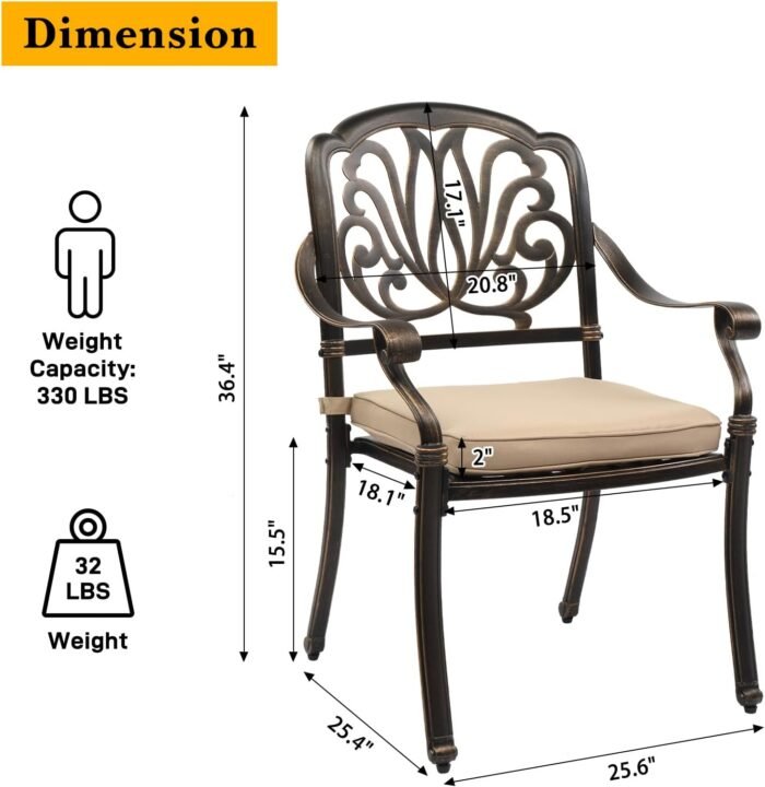 VINGLI Outdoor Dining Chairs Set of 2 Aluminum Patio Chairs, Cast Aluminum Patio Furniture Aluminum Outdoor Chairs for Backyard, Poolside, Balcony Bronze (with Cushion) - Image 3
