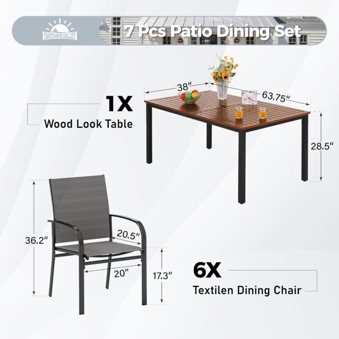 7 Piece Outdoor Dining Set for 6, Rectangular Wood-Like Metal Table with Umbrella Hole and 6 Dining Chairs, Outdoor Table and Chairs for Lawn Garden Backyard and Deck, Brown - Image 5