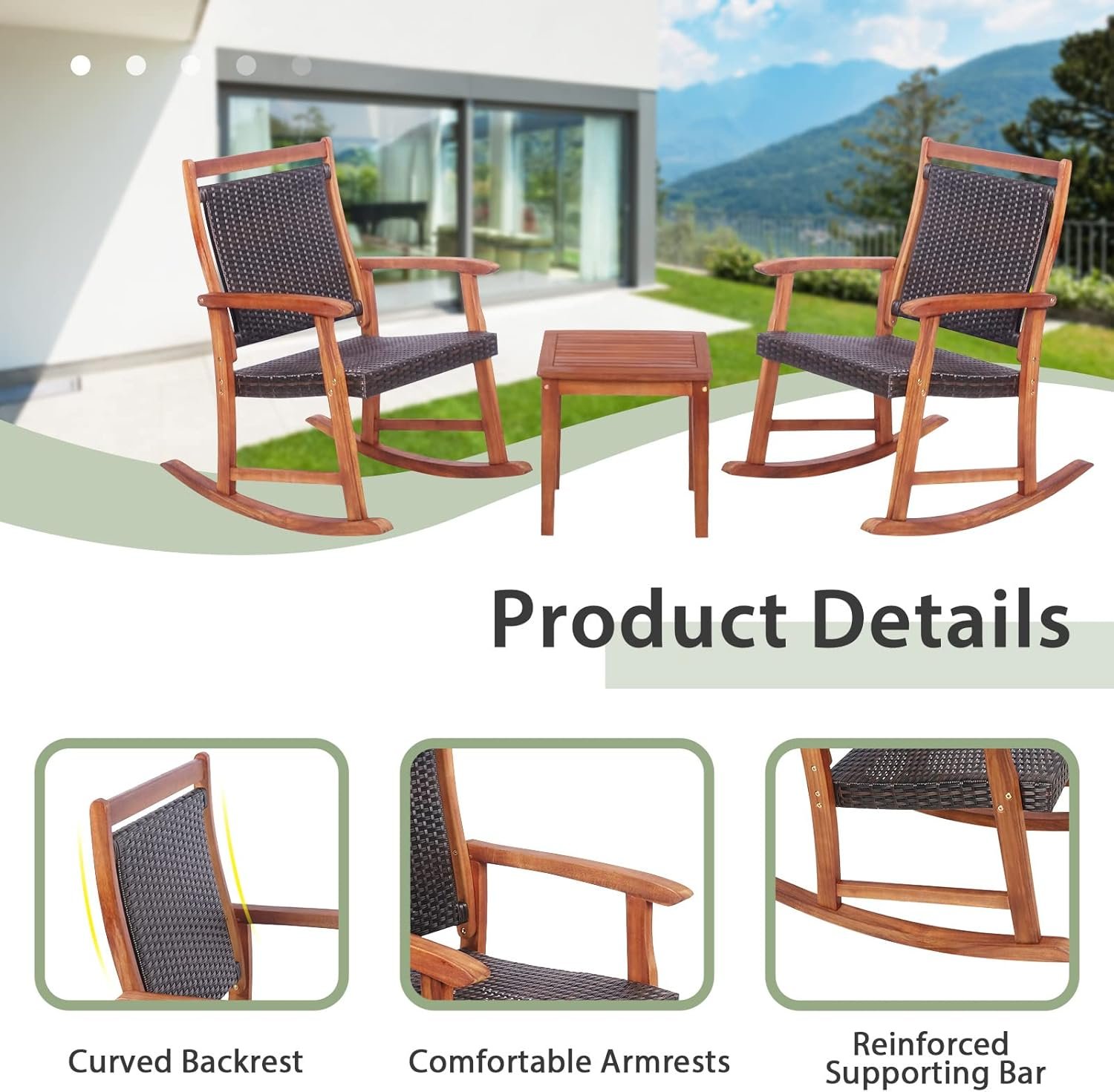 HAPPYGRILL 3 Pieces Rocking Bistro Set Acacia Wood Patio Rocking Chairs with Coffee Table, Rattan Wicker Rocking Conversation Set for Garden Porch Backyard - Image 7