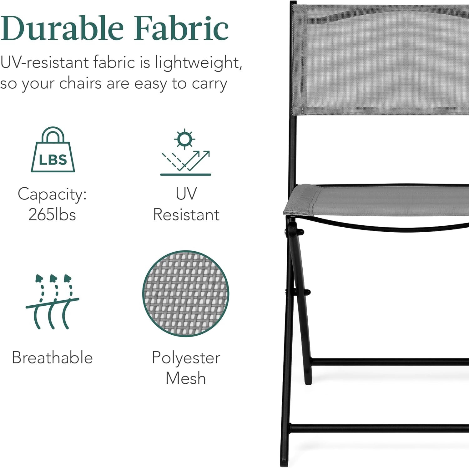 Best Choice Products 3-Piece Patio Bistro Dining Furniture Set w/Glass Tabletop, 2 Folding Chairs, Steel Frame, Polyester Fabric - Gray - Image 6