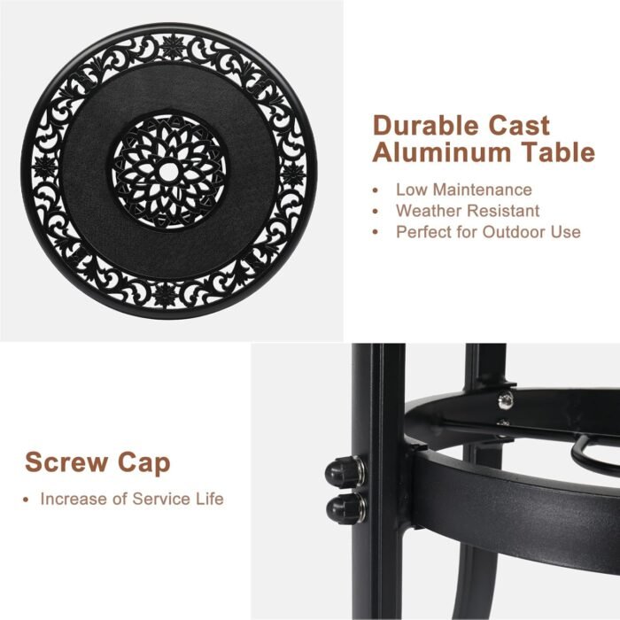 VINGLI Outdoor Bar Table, Cast Aluminum Bar Height Patio Table with Umbrella Hole Patio Dining Table, Tall Outdoor Table Bistro Table Outdoor Furniture Garden Table 32" Dia x 41 H (Black) - Image 4