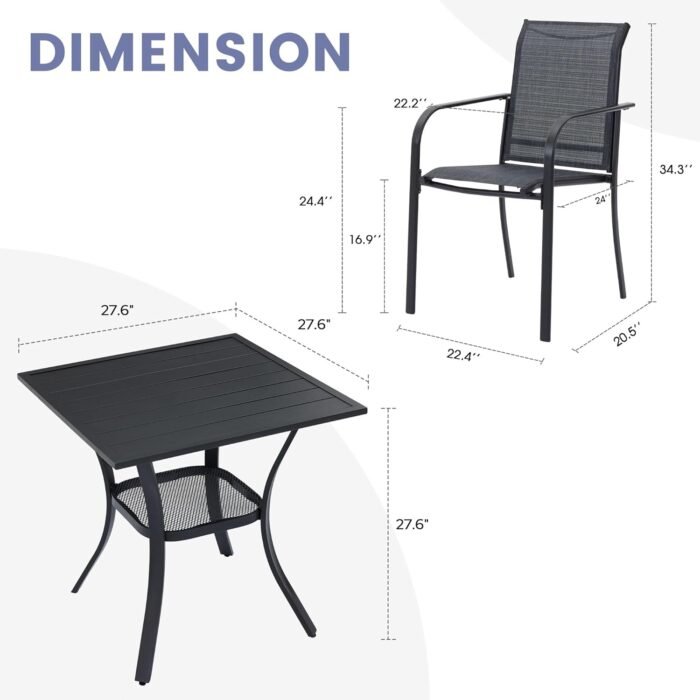 VICLLAX 3 Pieces Small Patio Dining Set, Patio Furniture Set of 2 Outdoor Stackable Dining Chairs and Small Patio Table with Storage Shelf, Grey Chairs and Grey Table - Image 7