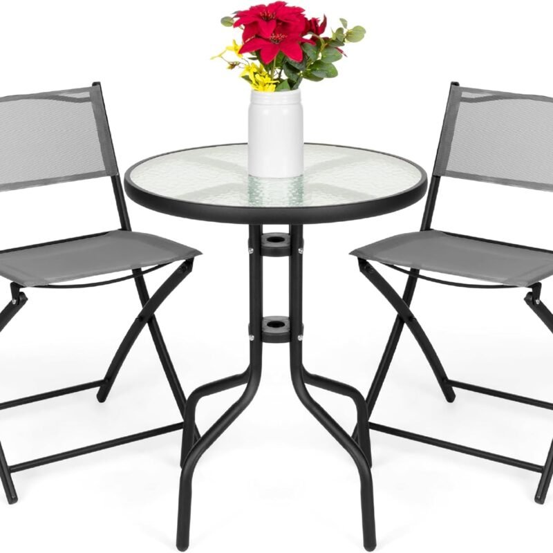 Best Choice Products 3-Piece Patio Bistro Dining Furniture Set w/Glass Tabletop, 2 Folding Chairs, Steel Frame, Polyester Fabric - Gray