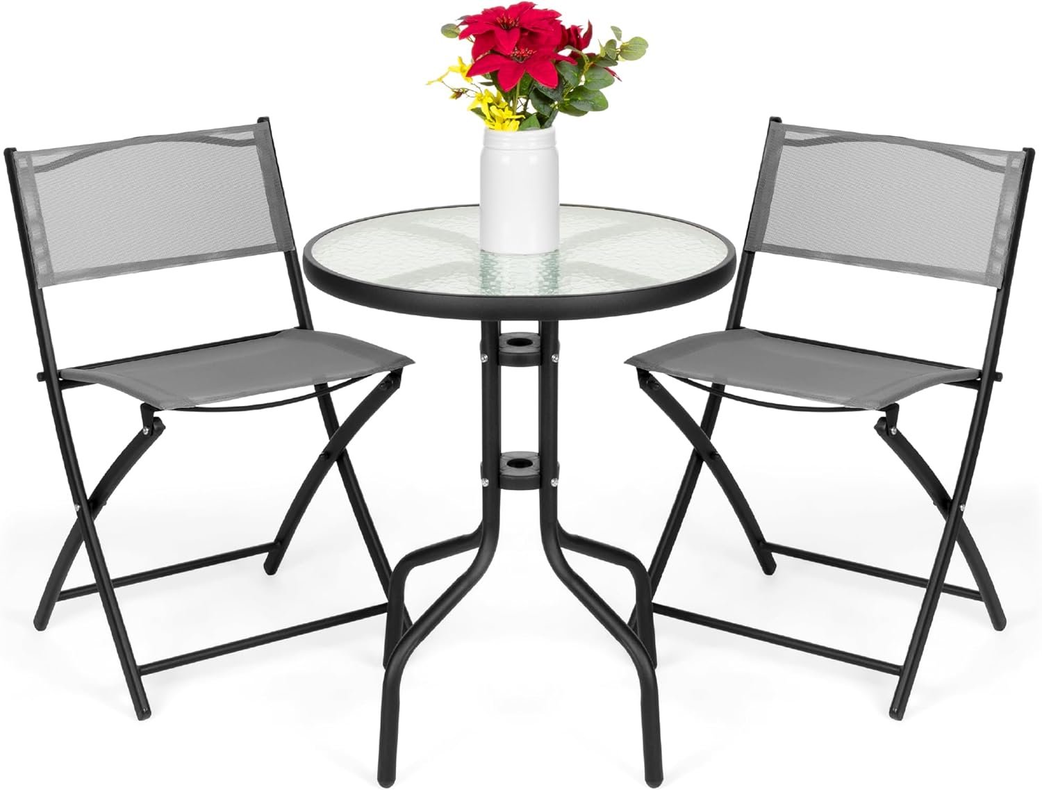 Best Choice Products 3-Piece Patio Bistro Dining Furniture Set w/Glass Tabletop, 2 Folding Chairs, Steel Frame, Polyester Fabric - Gray