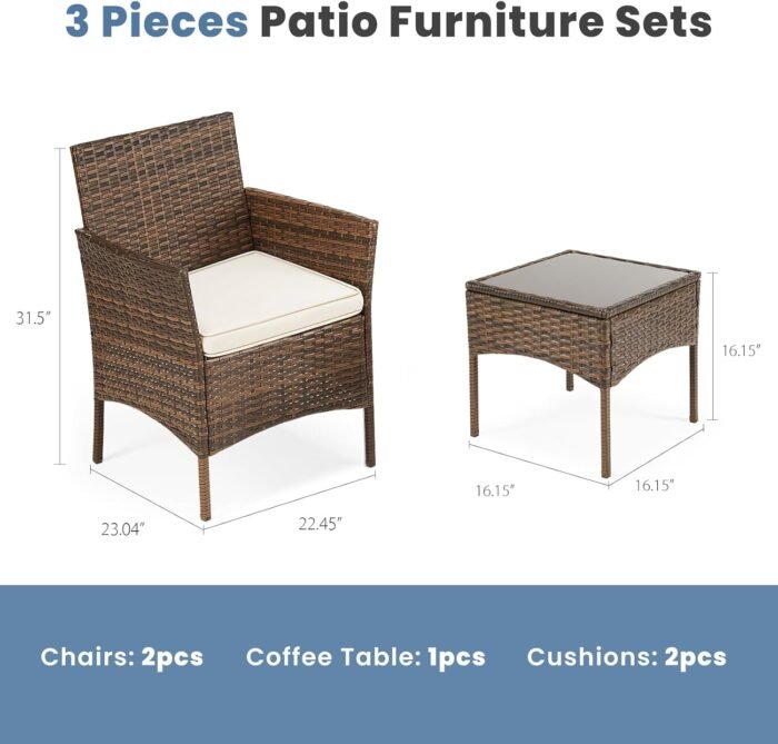 DUMOS Patio Furniture Set 3 Pieces, Outdoor Wicker Furniture with Coffee Table, Modern Rattan Patio Chairs Conversation Sets with Sofa for Garden, Terrace, Porch, Balconies, Lawns(Brown and Beige) - Image 8