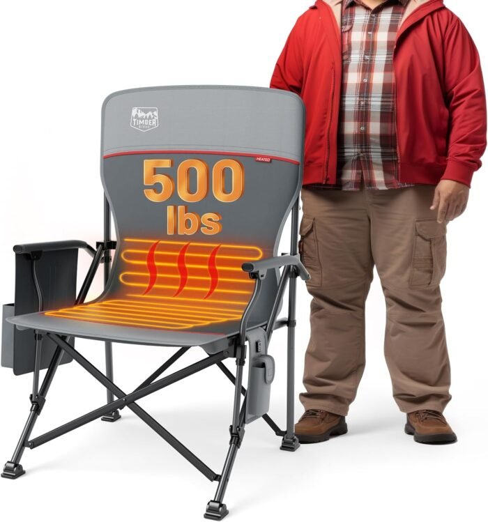 TIMBER RIDGE Oversized Heated Camping Chair for Outdoor Sports, High Back Padded Lawn Chair for Adults, Supports Up to 500lbs with Cup Holder, Side Pocket (Power Bank not Included)