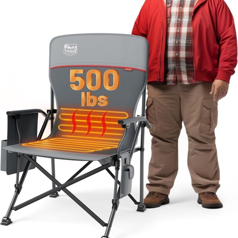 TIMBER RIDGE Oversized Heated Camping Chair for Outdoor Sports, High Back Padded Lawn Chair for Adults, Supports Up to 500lbs with Cup Holder, Side Pocket (Power Bank not Included)