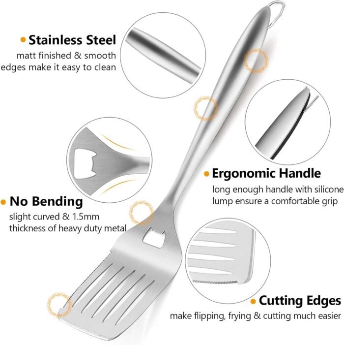 HaSteeL Grilling Utensil Set 18in, Stainless Steel BBQ Accessories Tools with Bag for Outdoor Cooking Camping, Heavy Duty Grill Spatula, Tong, Meat Fork, Basting Brush, Cleaning Brush, Man’s Gift - Image 2