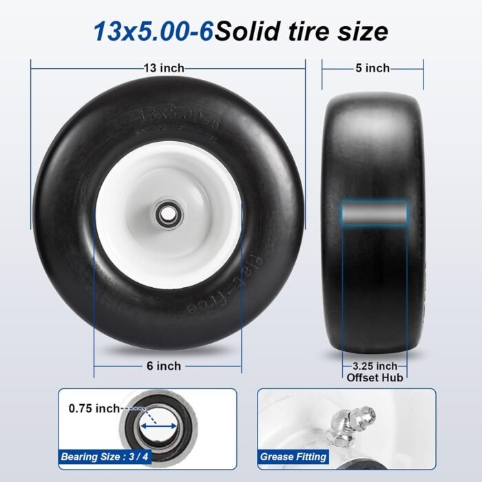 2pcs 13x5.00-6" Flat Free Lawn Mower tires Zero Turn Mower replacement Solid Tire and Wheel with 1/2" & 3/4" & 5/8"Precision bearings.3.25"-6.9" Centered Hub,for Riding Lawn Mower Assembly - Image 2