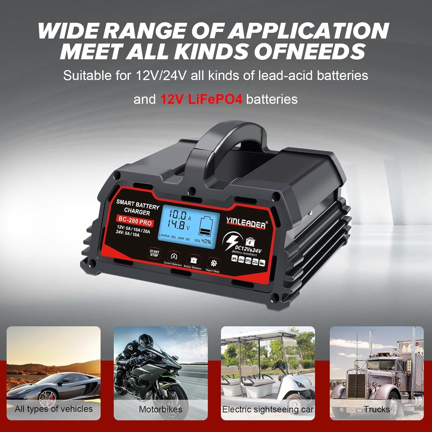 Battery Charger 20A, 12V/24V Lead-Acid Battery, 12V LiFePO4 Car Battery Trickle Charger, Automatic Battery Maintainer for Car Motorcycle Lawn Mower Marine Boat Lead Acid Batteries - Image 8