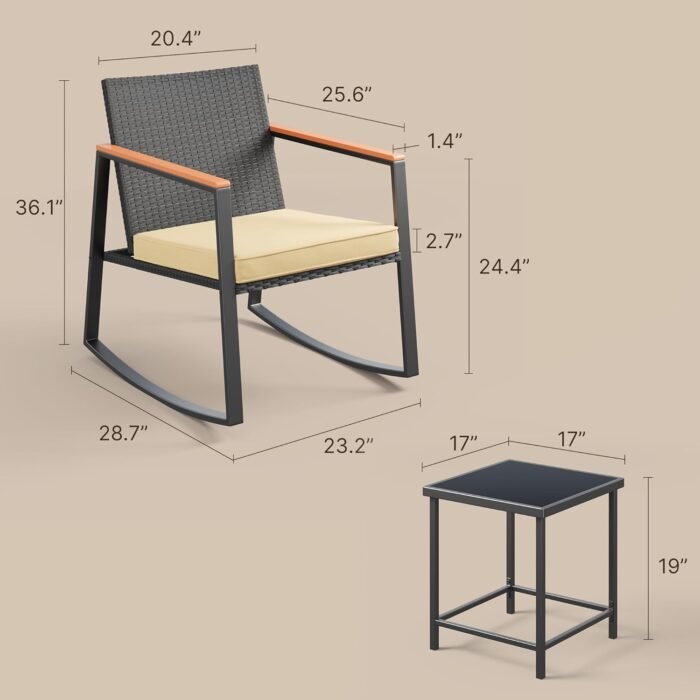 Gizoon 3 Pieces Rocking Patio Bistro Set with Anti-Scald Armrest, Outdoor Patio Wicker Furniture Set with Glass Table and Cushion for Garden, Yard, Porch - Image 4