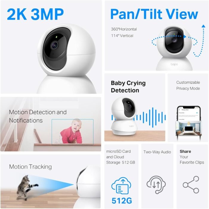 TP-Link Tapo 2K Pan/Tilt Security Camera for Baby Monitor, Dog Camera w/Motion Detection, 2-Way Audio, Siren, Night Vision, Cloud & SD Card Storage, Works with Alexa & Google Home, 2-Pack (C210P2) - Image 3