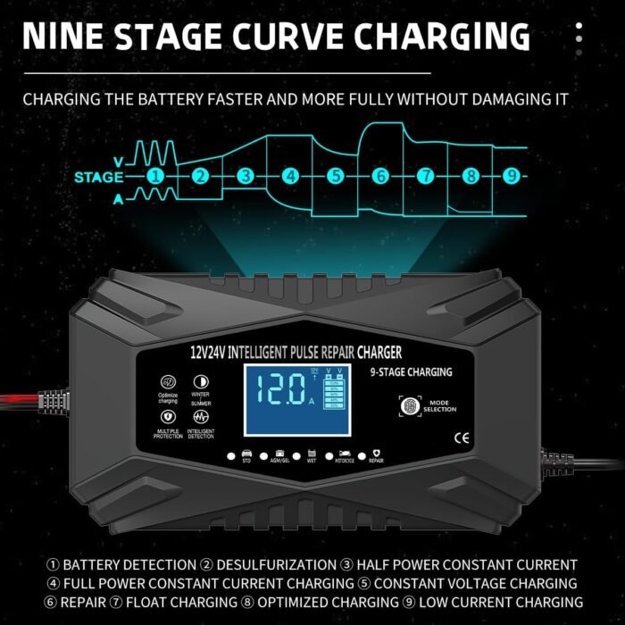 12-Amp Car Battery Charger,12V and 24V Smart Fully Automatic Maintainer Trickle Charger w/Temperature Compensation for Truck Motorcycle Lawn Mower Boat Marine Lead Acid Batteries (Black) - Image 8