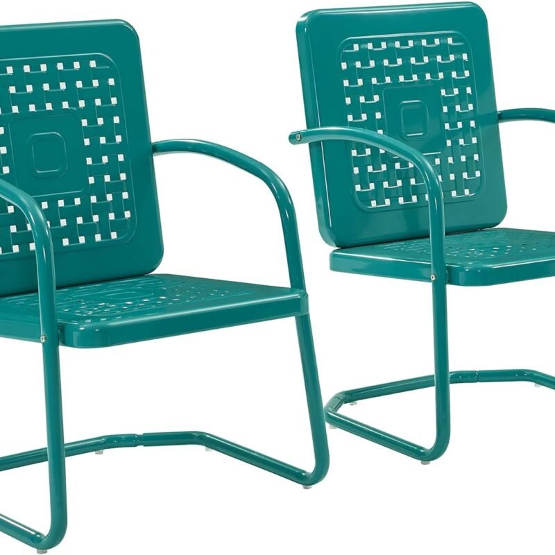 Crosley Furniture Bates 2-Piece Outdoor Chair Set, Retro Metal Patio Chairs for Dining, Porch, Deck, Balcony, Turquoise Gloss