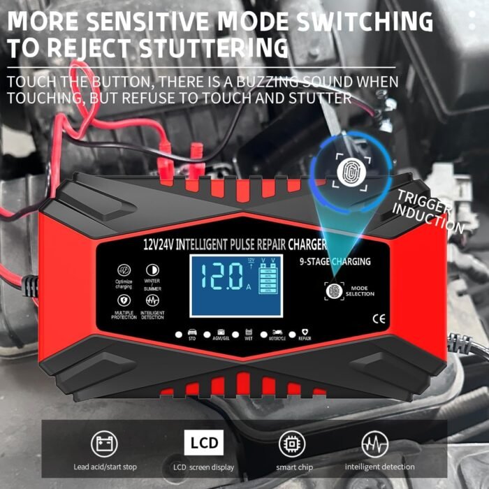 12-Amp Car Battery Charger,12V and 24V Smart Fully Automatic Maintainer Trickle Charger w/Temperature Compensation for Truck Motorcycle Lawn Mower Boat Marine Lead Acid Batteries (red) - Image 3