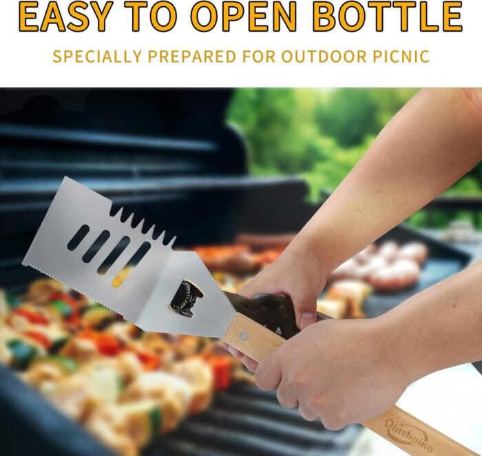 4-in-1 BBQ Spatula, Multifunction Grill Spatula with Wooden Handle, perfect for BBQ grills and kebabs for camping picnics - Image 4