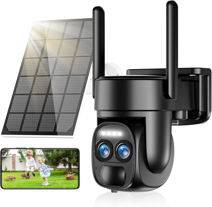 Uniter 4K Solar Security Cameras Wireless Outdoor, 2.4g & 5g WiFi PTZ Camera Battery Powered, 360°View Home Security Systems with Color Night Vision, Spotlight Siren, PIR Sensor, IP66