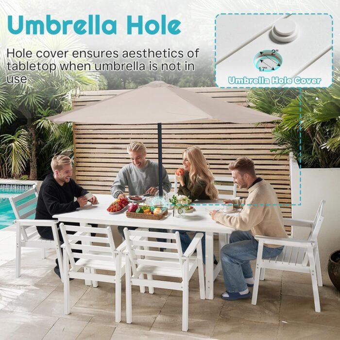 7-Piece Outdoor Dining Set, 71" HDPE Table with 6 Chairs, Large Outside Patio Furniture with Umbrella Hole for Garden, Backyard, Poolside, White - Image 3