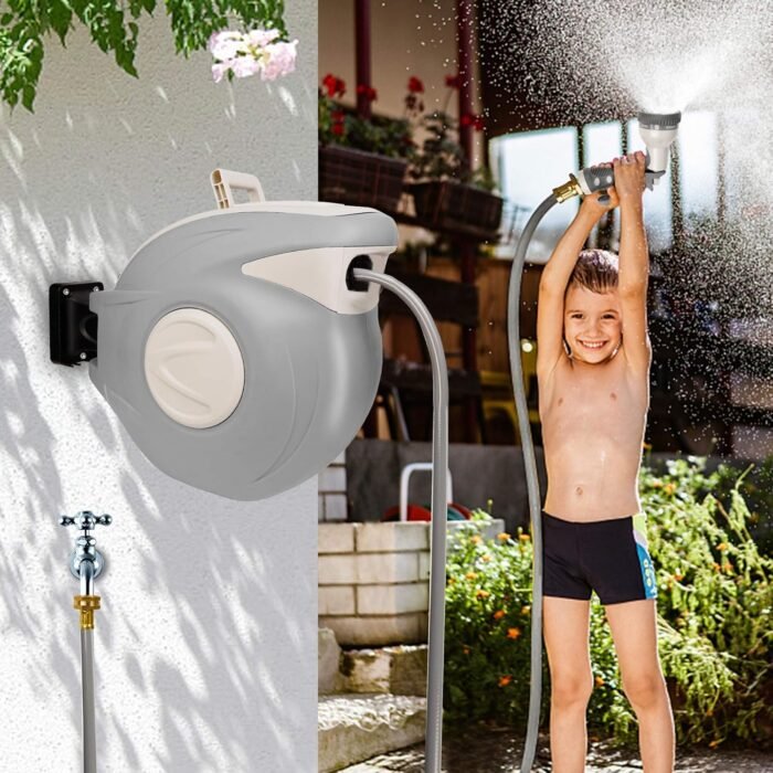 Twinkle Star Retractable Hose Reel, 65.6 FT+6.6 FT 5/8" Garden Hose Reel with 9 Pattern Nozzle, Heavy Duty Any Length Lock Slow Return System Auto Rewind, Wall Mounted 180 Degree Pivot Swivel Bracket - Image 3