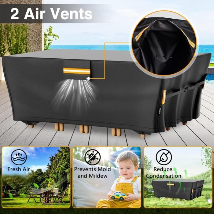 Waterproof Patio Furniture Table Covers Outdoor Rectangular Table and Chair Set Cover with Air Vent 420D For Rectangular/Oval Dining Coffee Tables Outdoor Sectional Sofa 74"L x 47"W x 28"H - Image 9
