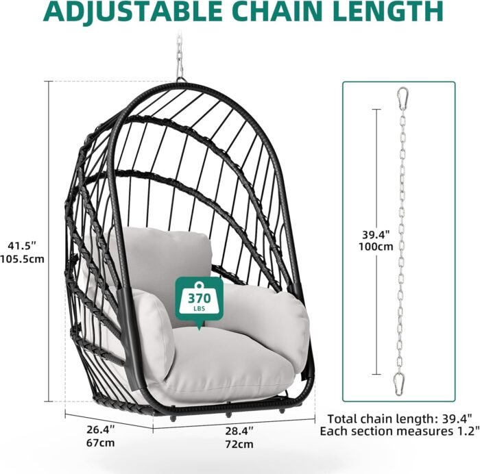 YITAHOME Swing Egg Chair with Cushions 350lbs, Wicker Hammock Chair Foldable Hanging Basket Chair W/O Stand for Outdoor, Indoor, Patio, Bedroom - Grey - Image 4