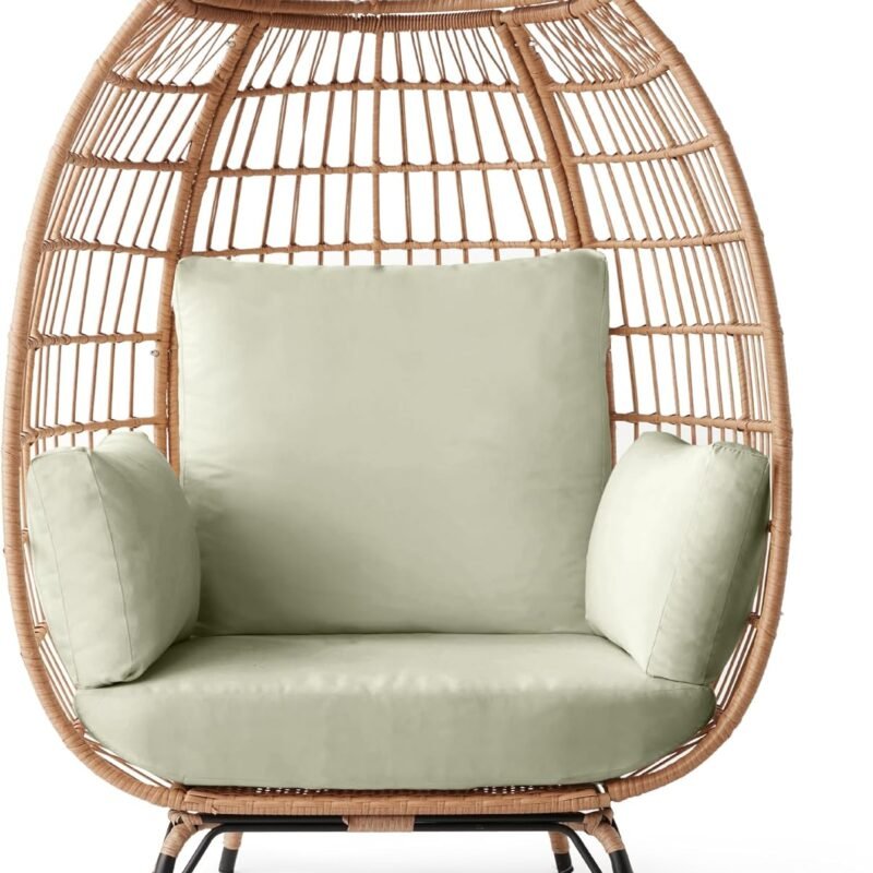 Best Choice Products Wicker Egg Chair, Oversized Indoor Outdoor Lounger for Patio, Backyard, Living Room w/ 4 Cushions, Steel Frame, 440lb Capacity - Sage