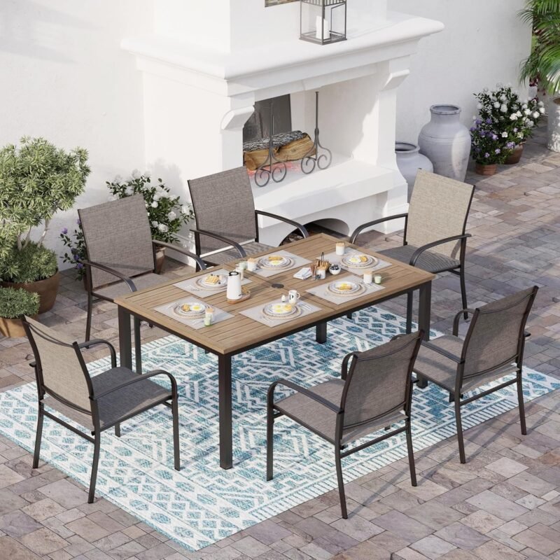 7 Piece Outdoor Dining Set for 6, Rectangular Wood-Like Metal Table with Umbrella Hole and 6 Dining Chairs, Outdoor Table and Chairs for Lawn Garden Backyard and Deck, Brown