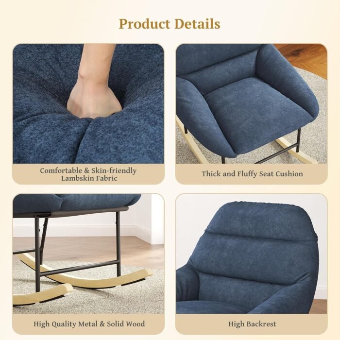Vesgantti Outdoor Rocking Chair, Sherpa Fleece Upholstered Rocker Chair with Deep Seat, Rocking Accent Chair for Bedroom, Living Room, Porch, Garden, Blue-Gray - Image 3