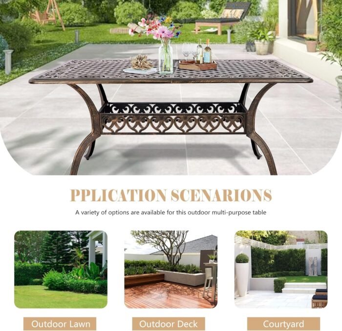 TITIMO Cast Aluminum Patio Dining Table 59'' - Outdoor Dining Rectangle Table Weather-Resistant Table with 2.0" Umbrella Hole for Balcony Lawn Garden Backyard Outdoor Furniture(59" Lx35.2 Wx 28.4" H) - Image 6