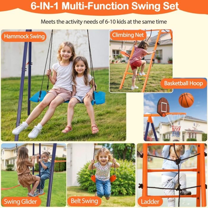 SUPER DEAL Metal Swing Set Kids Outdoor Playground Playset for Backyards Heavy Duty 6 in 1 Adjustable Platform Swing and Belt Swing, Climbing Ladder and Nets, Swing Glider, Basketball Hoop Combo - Image 2