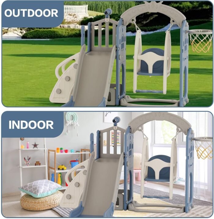 67i Toddler Swing and Slide Set Indoor Swing for Kids Outdoor Baby Backyard Swing Slide Playset with Basketball Hoop Freestanding Slides with Storage Space Kids Slide for Toddlers Age 1+(Blue Grey) - Image 2