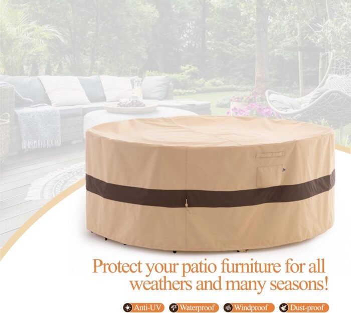 Round Patio Furniture Cover, 62" D x 31" H, Waterproof, UV Resistant, Anti-Fading Outdoor Cover for Round Dining Table and Chairs Set, Beige & Coffee - Image 8
