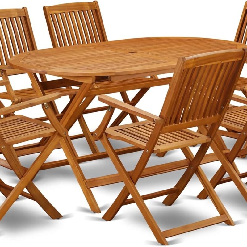 East West Furniture DICM7CANA Diboll 7 Piece Patio Garden Set Consist of an Oval Outdoor Acacia Wood Dining Table and 6 Folding Arm Chairs, 36x60 Inch, Natural Oil