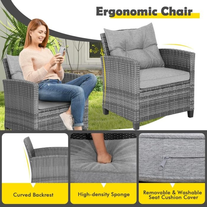 Tangkula 3 Pieces Patio Furniture Set, Outdoor PE Rattan Conversation Chair Set with Tempered Glass Side Table and Removable Cushions, PE Wicker Chairs and Table Set for Porch, Balcony and Garden - Image 6