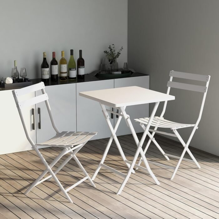 3 Piece Patio Bistro Set Foldable Square Table and Chairs, Metal Folding Outdoor Dining Table Patio Furniture Sets for Yard, Garden Small Spaces (White) - Image 3