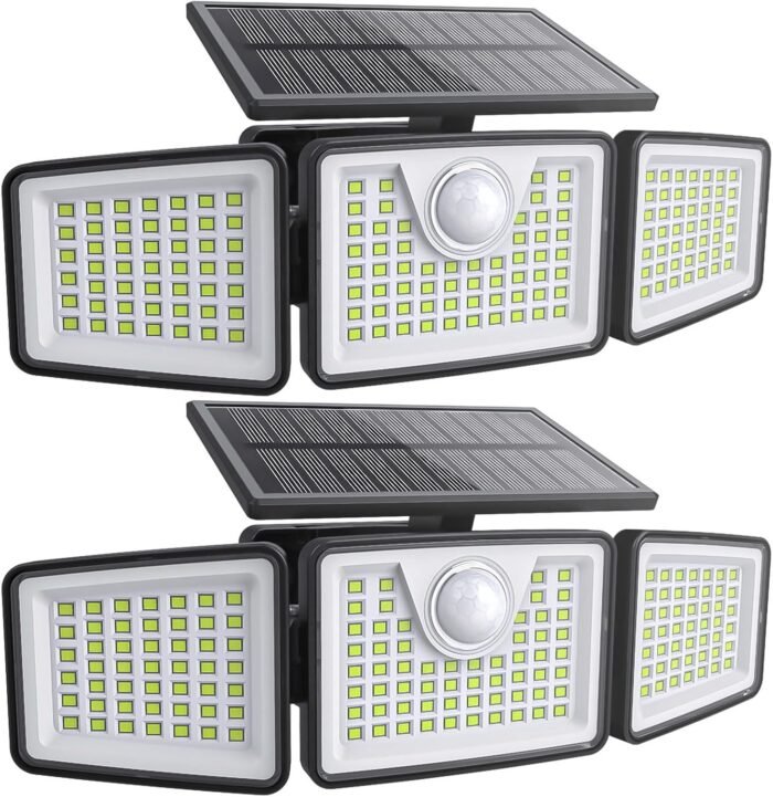 Solar Lights Outdoor 2500LM Motion Sensor Outdoor Lights,3 Head 355° Wide Angle Street Area Lights, Waterproof Security Lights with 3 Modes(Remote,2 Pcs)