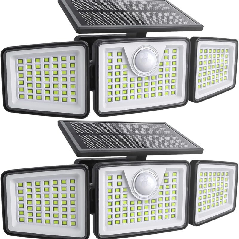 Solar Lights Outdoor 2500LM Motion Sensor Outdoor Lights,3 Head 355° Wide Angle Street Area Lights, Waterproof Security Lights with 3 Modes(Remote,2 Pcs)
