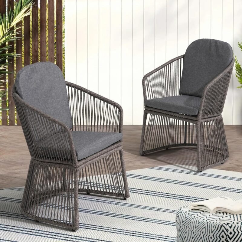 SUNSITT Patio Chairs Set of 2, Woven Wicker Outdoor Dining Chairs w/Weather-Resistant Cushions, Modern Bistro Chairs Set of 2 w/Curved Armrest Dark Gray for Garden Balcony Backyard